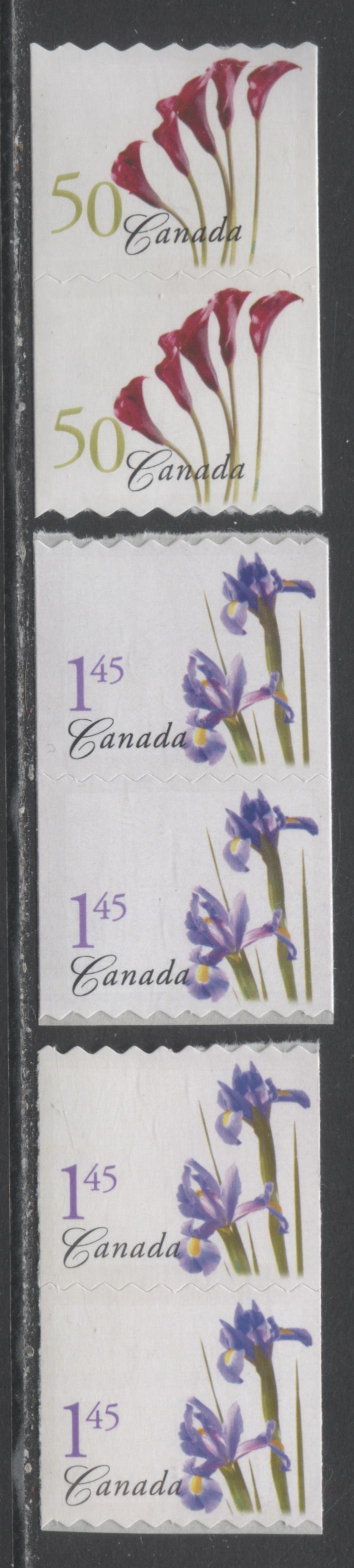 Lot 12 Canada #2072a-2074 50c-$1.45 Multicolored Red Calla Lily, Purple Dutch Iris, 2004 Flower Definitives (1) Coils Issue, 3 VFNH Pairs On DF & LF Paper $14