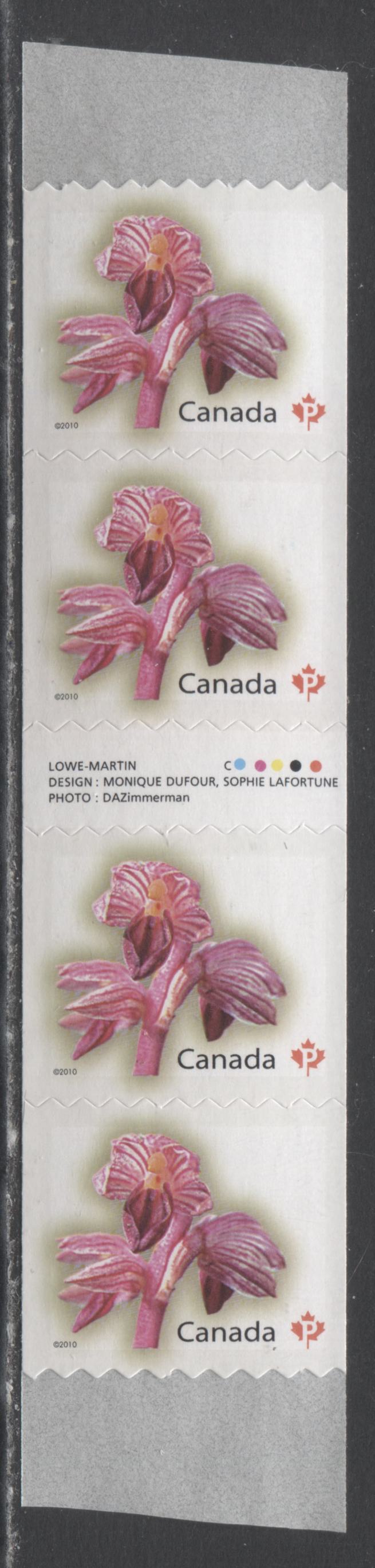 Lot 121 Canada #2357i P(57c) Multicolored Striped Coralroot, 2010 Flower Definitive Coils, A VFNH Gutter Strip Of 4
