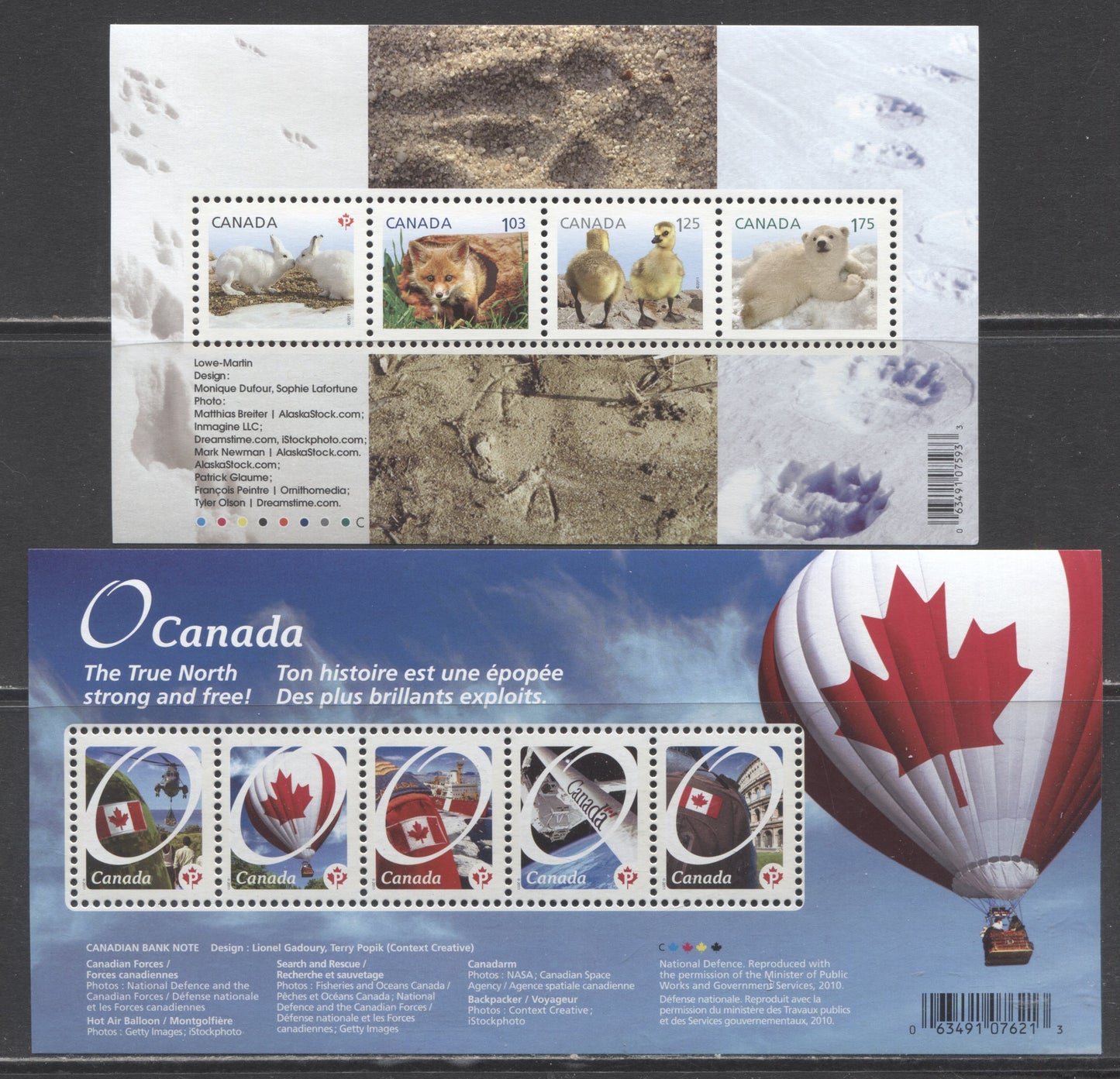 Lot 125 Canada #2418, 2424 $2.95-$4.62 Multicolored Flags & Baby Wildlife, 2011 Canadian Pride & Baby Wildlife Definitives, 2 VFNH Souvenir Sheets
