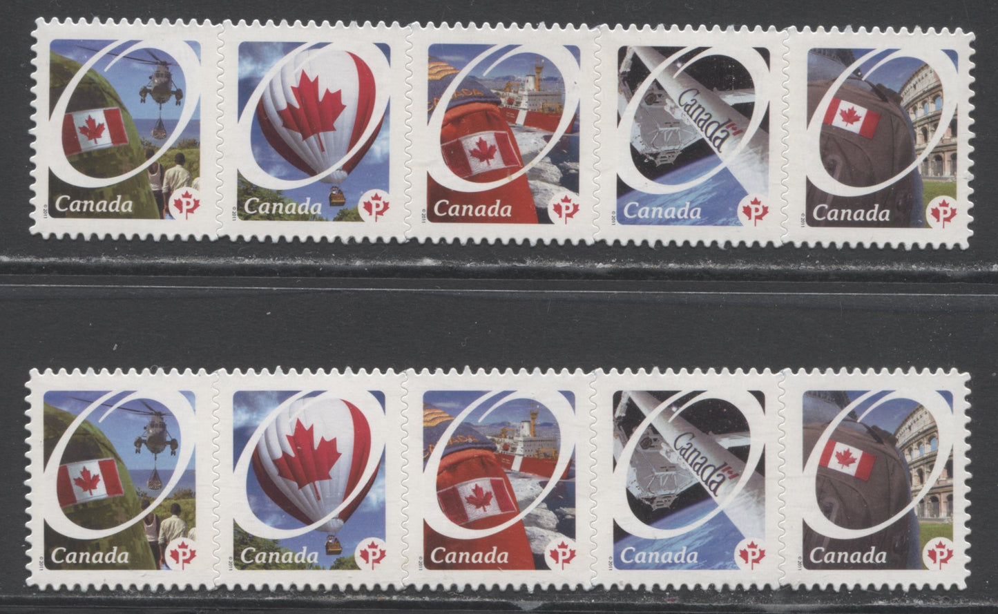 Lot 126 Canada #2423i P(59c) Multicolored Flags, 2011 Canadian Pride, 2 VFNH Strips Of 5, Die Cut To Shape On HF & HB Backing Papers