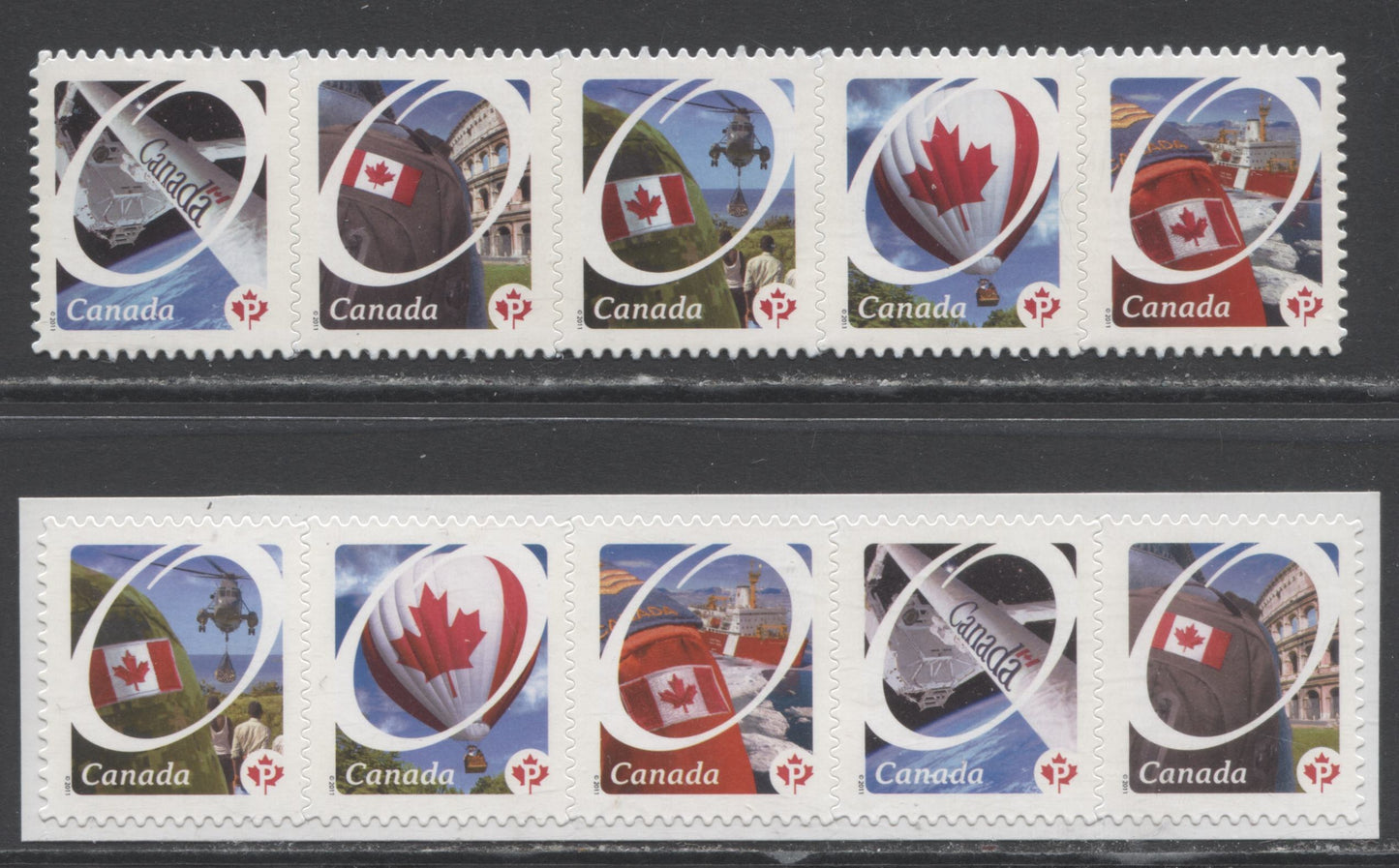 Lot 127 Canada #2423i,aii P(59c) Multicolored Flags, 2011 Canadian Pride, 2 VFNH Die Cut & Booklet Strips Of 5 With Fluorescent Yellow Ink