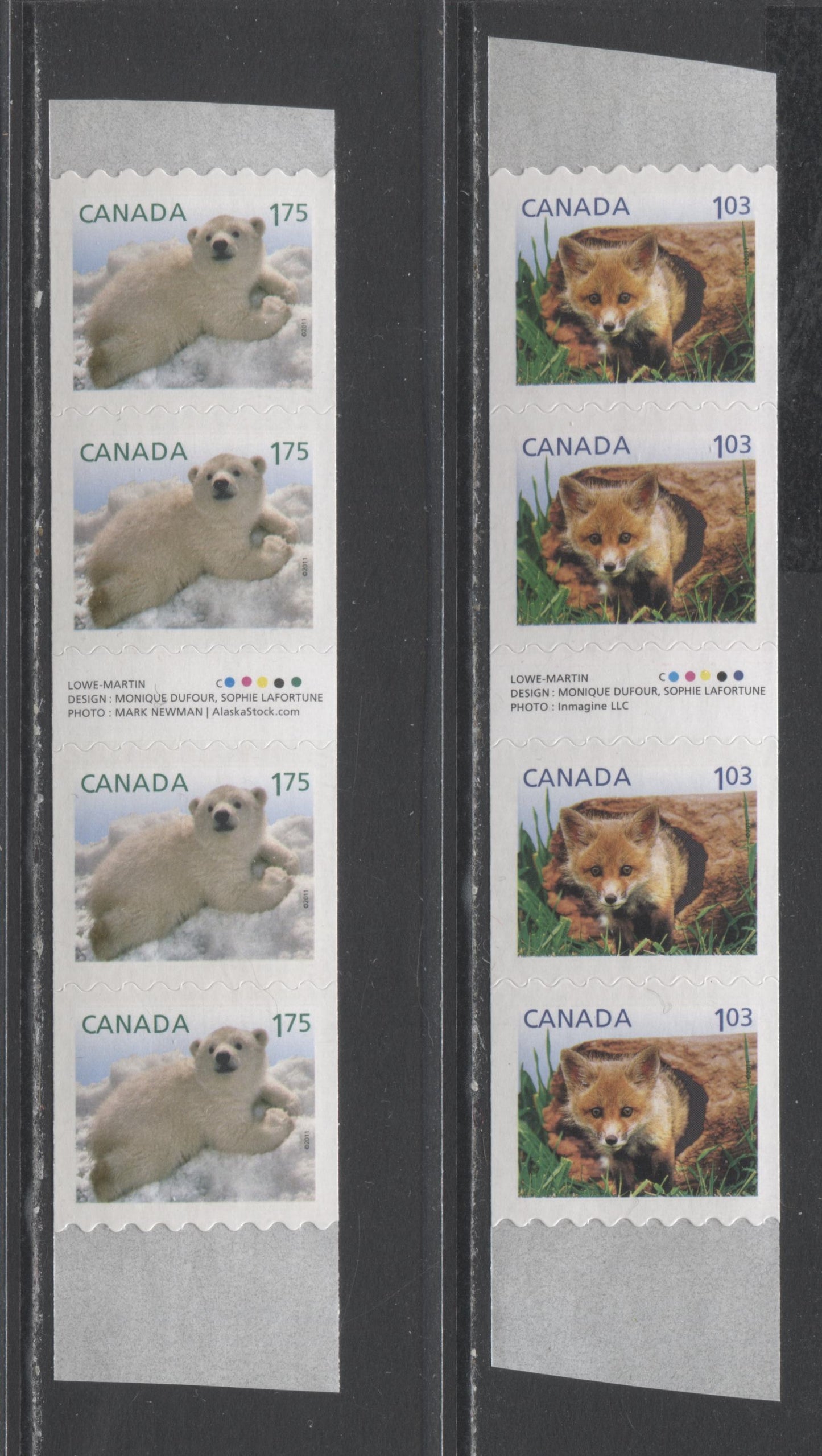 Lot 131 Canada #2427i, 2429i $1.03-$1.75 Multicolored Red Fox & Polar Bear, 2011 Baby Wildlife Definitives, 2 VFNH Gutter Strips Of 4