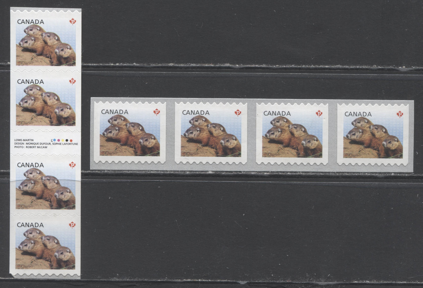 Lot 139A Canada #2603,2604i P(63c) Multicolored Woodchucks, 2013 Baby Wildlife Definitives, 2 VFNH Strip & Gutter Strip Of 4