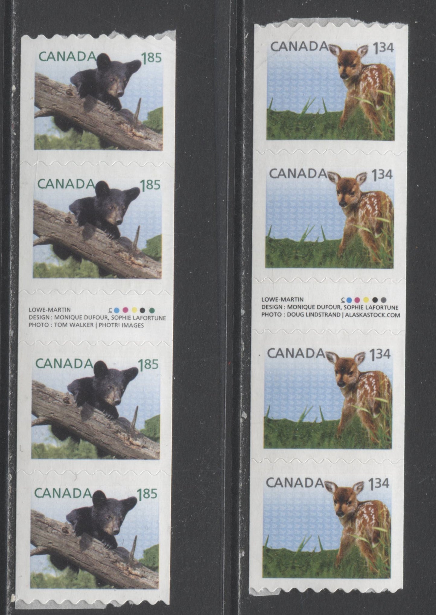 Lot 139D Canada #2606i, 2607i $1.34-$1.85 Multicolored Fawn & Black Bear, 2013 Baby Wildlife Definitives, 2 VFNH Gutter Strips Of 4