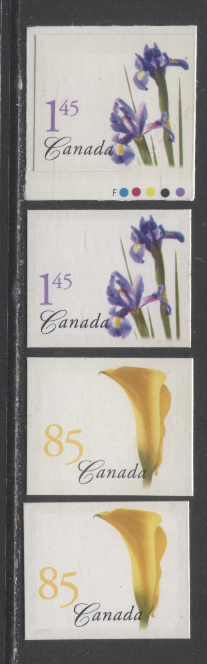 Lot 14 Canada #2081-2082i 85c-$1.45 Multicolored Yellow Calla Lily-Purple Dutch Iris, 2004 Flower Definitives - Bookets Issue, 4 VFNH Singles With Both 3mm & 4mm Tagging Varieties $9.75