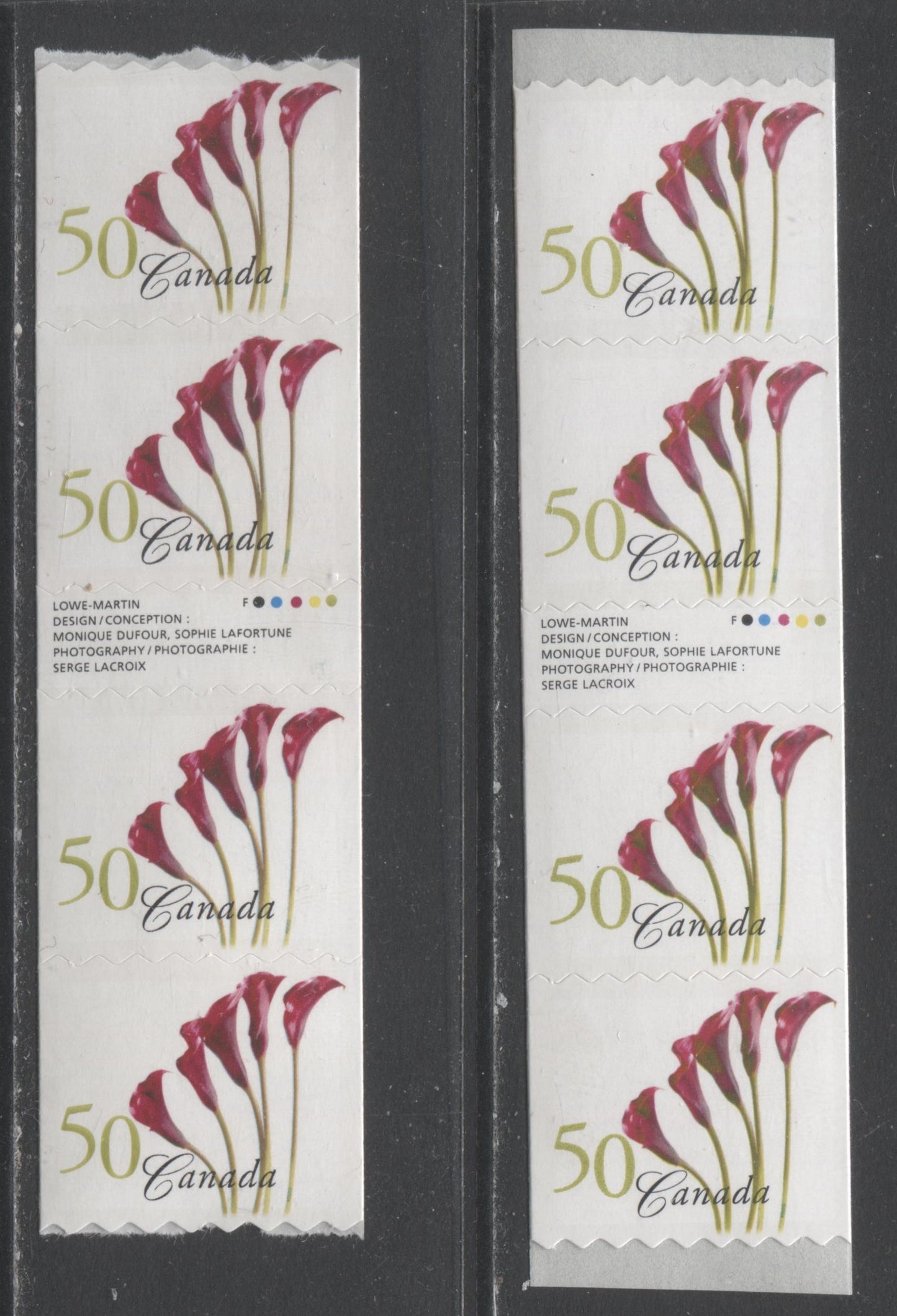 Lot 15 Canada #2072vi,2072ai 50c Multicolored Red Calla Lily, 2004 Flower Definitives (1) Coils Issue, 2 VFNH Gutter Strip Of 4 With Inscription Containing The "F" Over "O" of Lafortune. Both Die Cuts 6.25-8.90 and 6.45-7.05 Horiz. $12.50