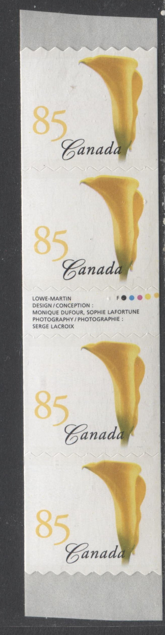 Lot 16 Canada #2073iv 85c Multicolored Yellow Calla Lily, 2004 Flower Definitives (1) Coils Issue, A VFNH Gutter Strip Of 4 With The "F" Over "O" Of Lafortune Inscription $10