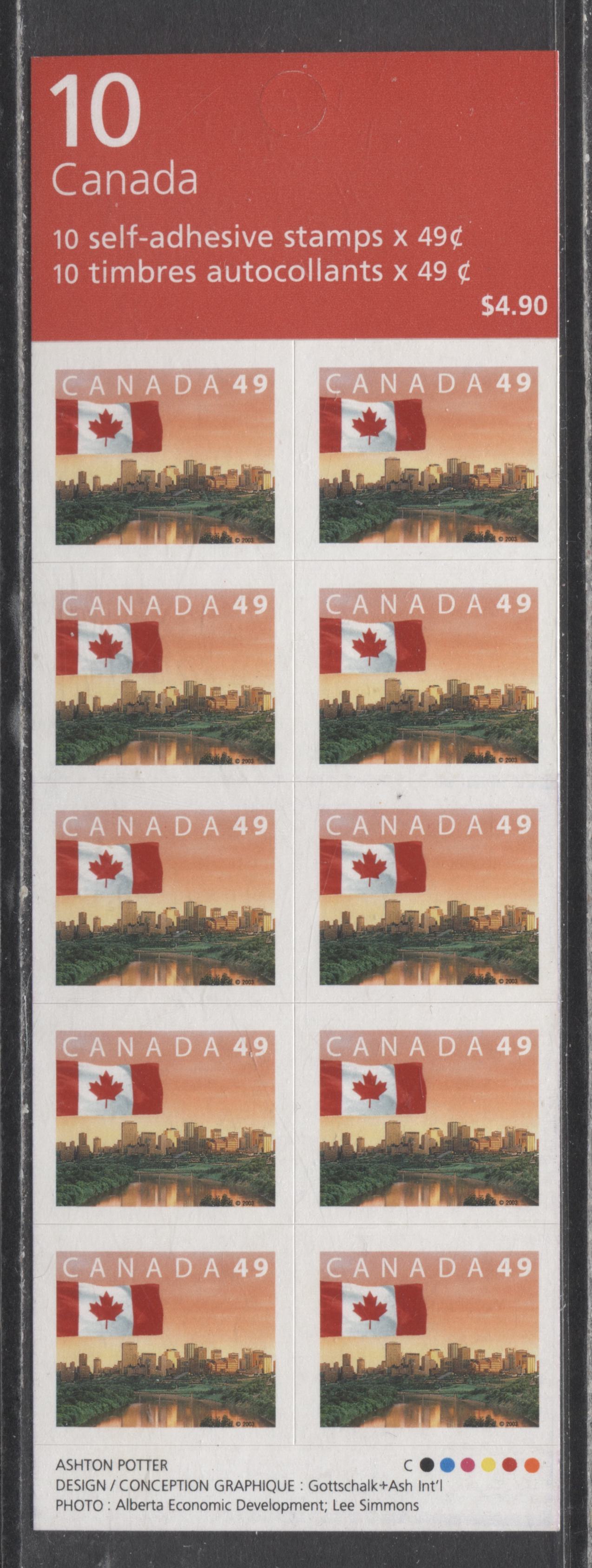 Lot 2 Canada #BK280 49c Multicolored Flag Over Edmonton, 2003-2004 Definitive Issues, A VFNH Booklet Of 10 On TRC Paper, DF/HF With Narrow Roulette, Barcode Ending In 02799 4, Weak Tagging, Tag Splotches om 1/2 and 2/1, $11