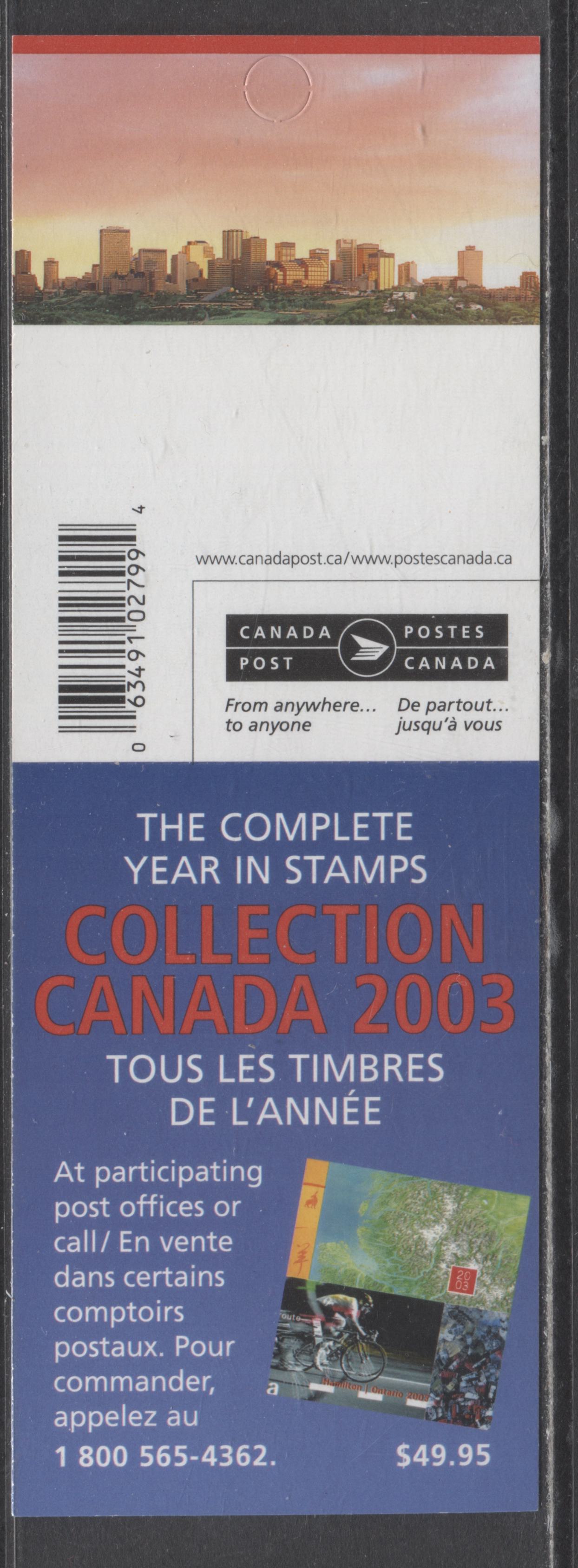 Lot 2 Canada #BK280 49c Multicolored Flag Over Edmonton, 2003-2004 Definitive Issues, A VFNH Booklet Of 10 On TRC Paper, DF/HF With Narrow Roulette, Barcode Ending In 02799 4, Weak Tagging, Tag Splotches om 1/2 and 2/1, $11