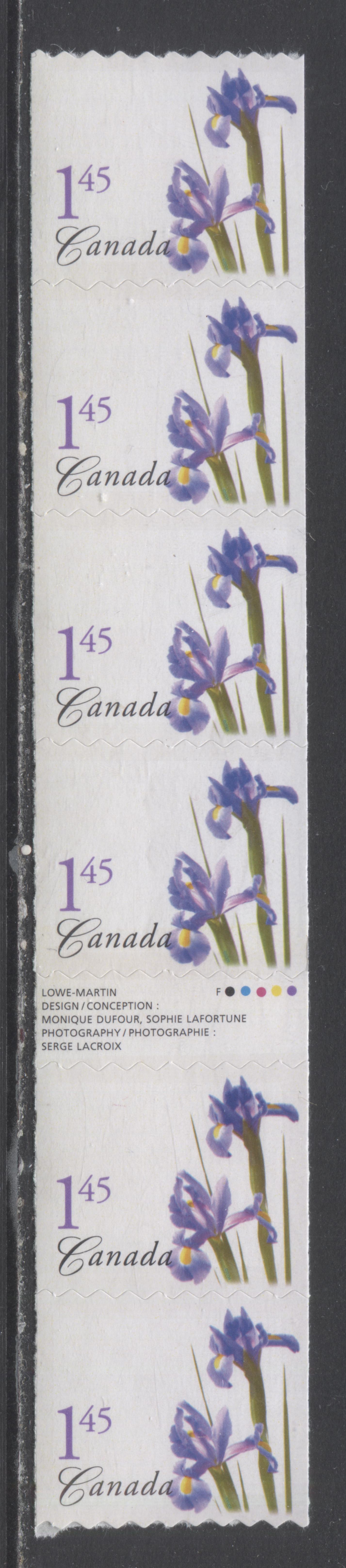 Lot 22 Canada #2074iii $1.45 Multicolored Purple Dutch Iris, 2004-2005 Flower Definitives (1) Coils Issue, A VFNH Gutter Strip Of 6 On DF Fasson Paper With "F" Over "O" Of Lafortune With Ski-Slope Die Cut On 1st Stamp $50