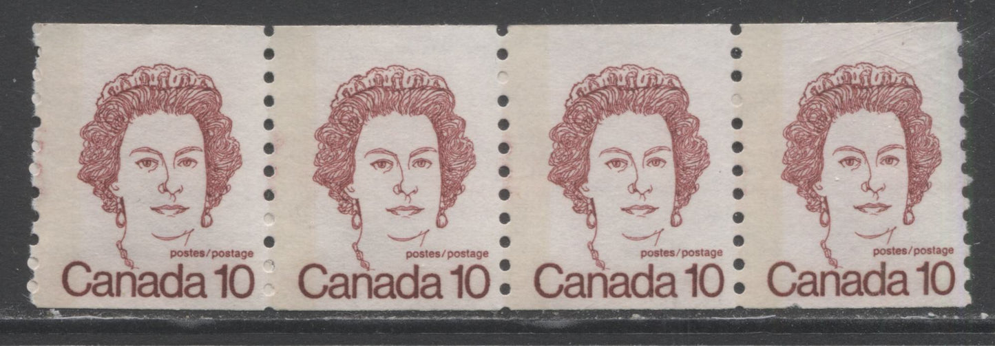 Lot 334 Canada #605T1 10c Dark Carmine Queen Elizabeth II, 1974-1976 Caricature Definitives - Coil Stamp Issue, A FNH Strip Of 4 On DF Paper With G2aL Tagging Error And The Smallest Trace Of Tagging Down Right Stamp $60