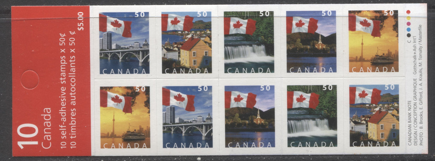 Lot 28 Canada #BK302a 50c Multicolored Flags Over Scenes, 2004-2005 Definitive Issues, A VFNH Booklet Of 10 On LF/HB TRC Paper With Wide Roulette, 5 Slits Per Pane, 5c Cover Type $25