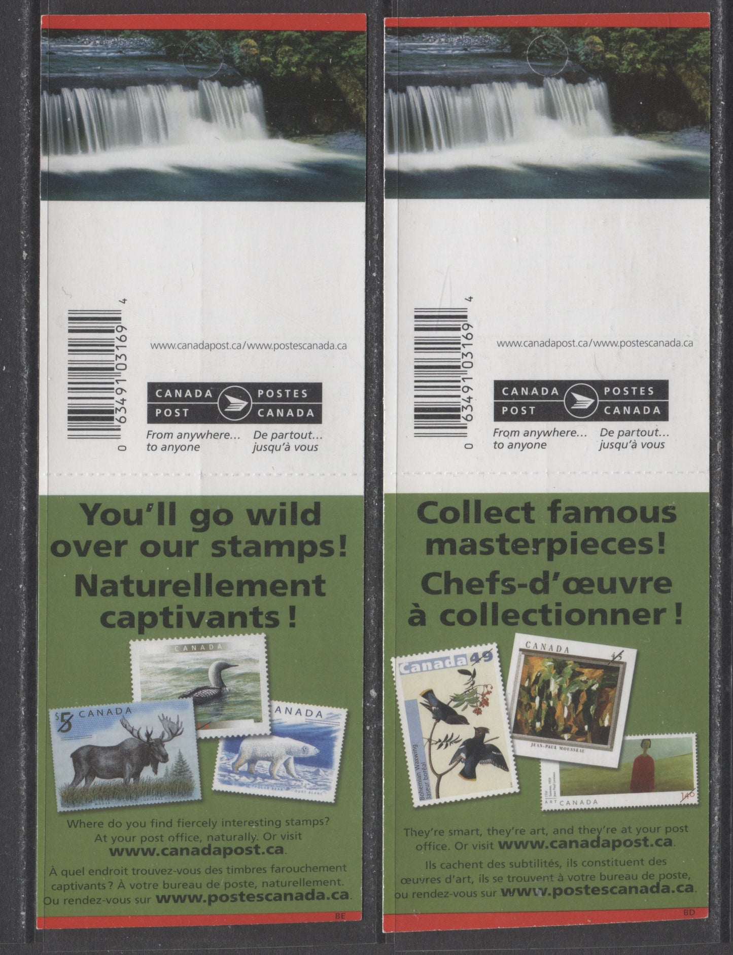 Lot 29 Canada #BK302b 50c Multicolored Flags Over Scenes, 2004-2005 Definitive Issues, 2 VFNH Booklets Of 10 With BD & BE Covers, Narrow Roulette, 29 Slits Per Pane. TRC Paper With HB Cover And Weaker Tagging $24