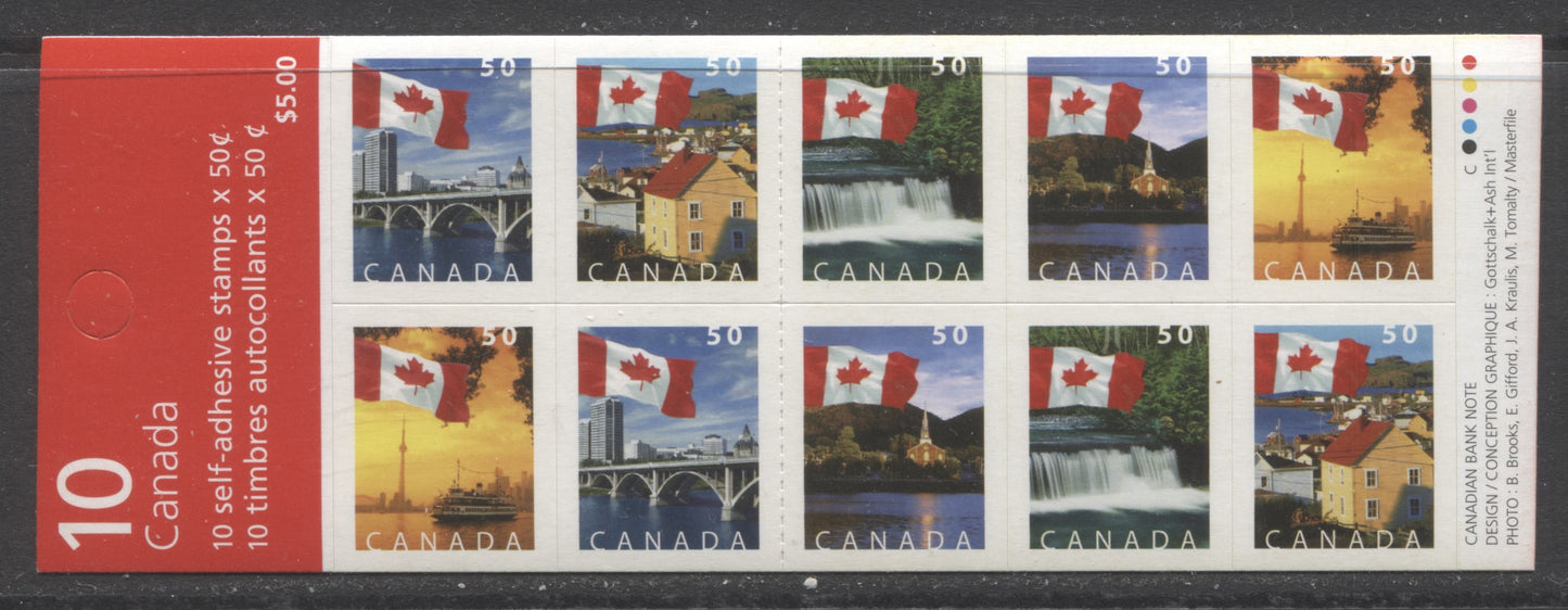 Lot 30 Canada #BK302b 50c Multicolored Flags Over Scenes, 2004-2005 Definitive Issues, A VFNH Booklet Of 10 With Narrow Roulette And BD, MF-fl Cover. TRC Paper, HB Cover And Weak Tagging $12