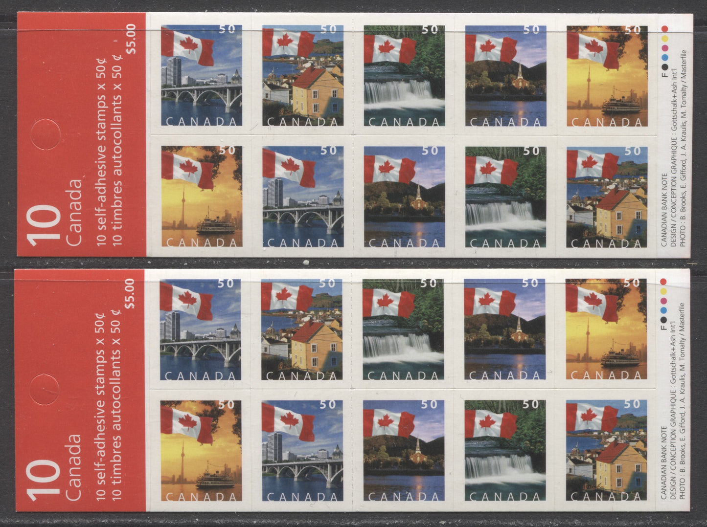 Lot 32 Canada #BK302Aa 50c Multicolored Flags Over Scenes, 2004-2005 Definitive Issues, 2 VFNH Booklets Of 10 With 29 Slit Roulette, Fasson Paper, HF Cover Types NA & QB $24