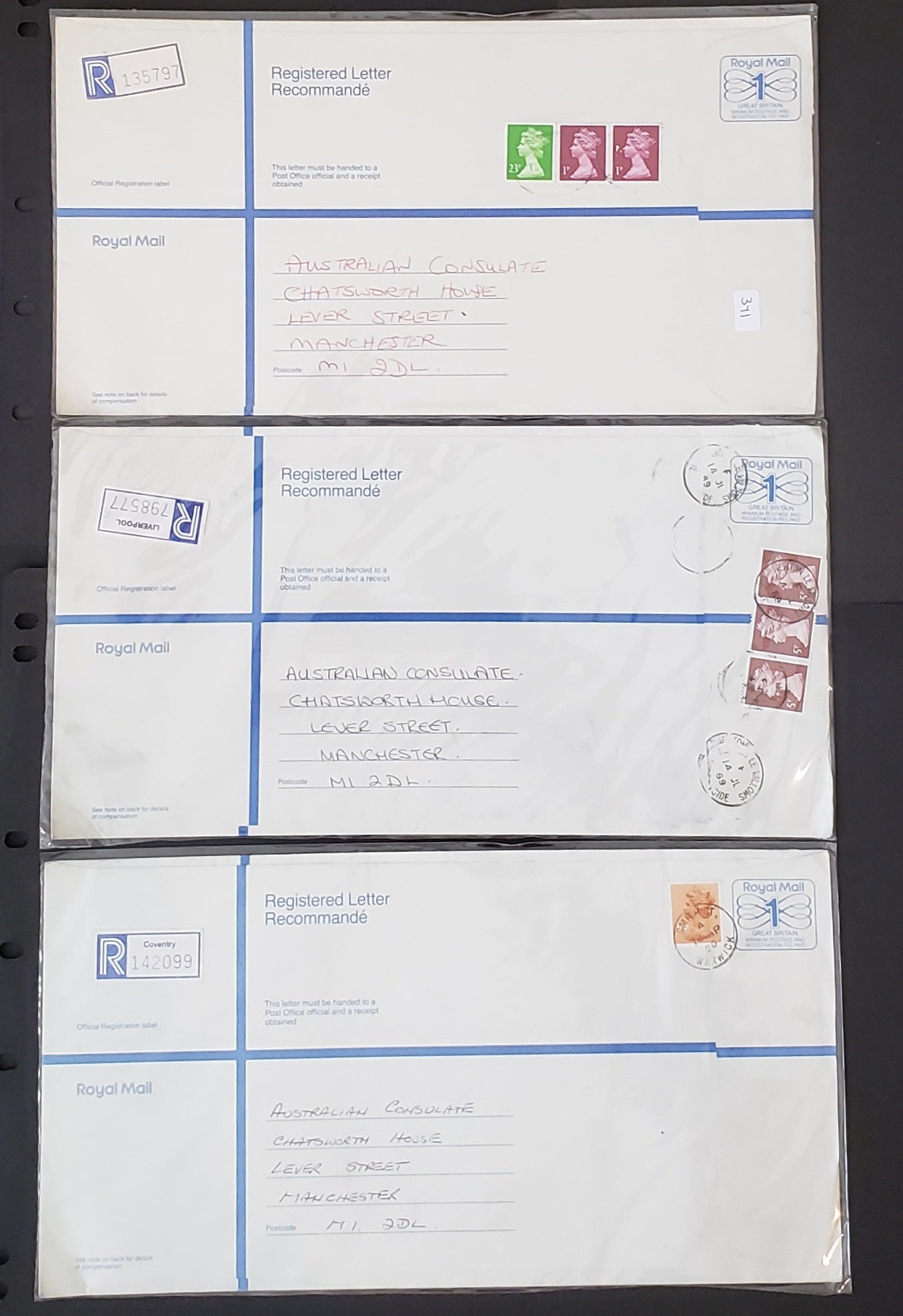 Lot 341 Great Britain 1989-1990 Decimal Machin Covers, A Selection of 5 Different Large Format Registered Envelopes, All Uprated With Values From 1p to 23p, All Sent Locally, All Frankings Are Different in Some way, Net. Est. $5.