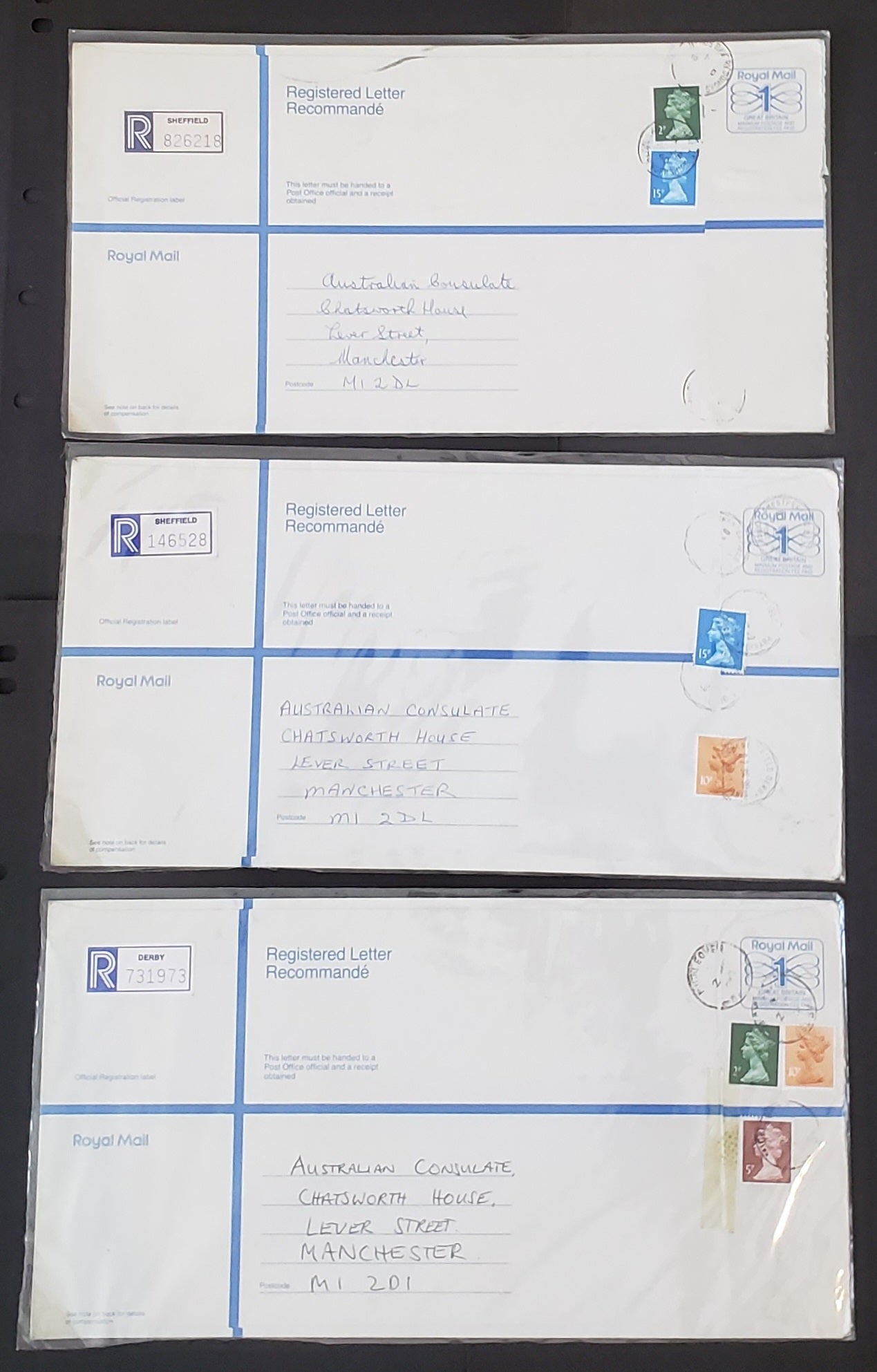 Lot 341 Great Britain 1989-1990 Decimal Machin Covers, A Selection of 5 Different Large Format Registered Envelopes, All Uprated With Values From 1p to 23p, All Sent Locally, All Frankings Are Different in Some way, Net. Est. $5.