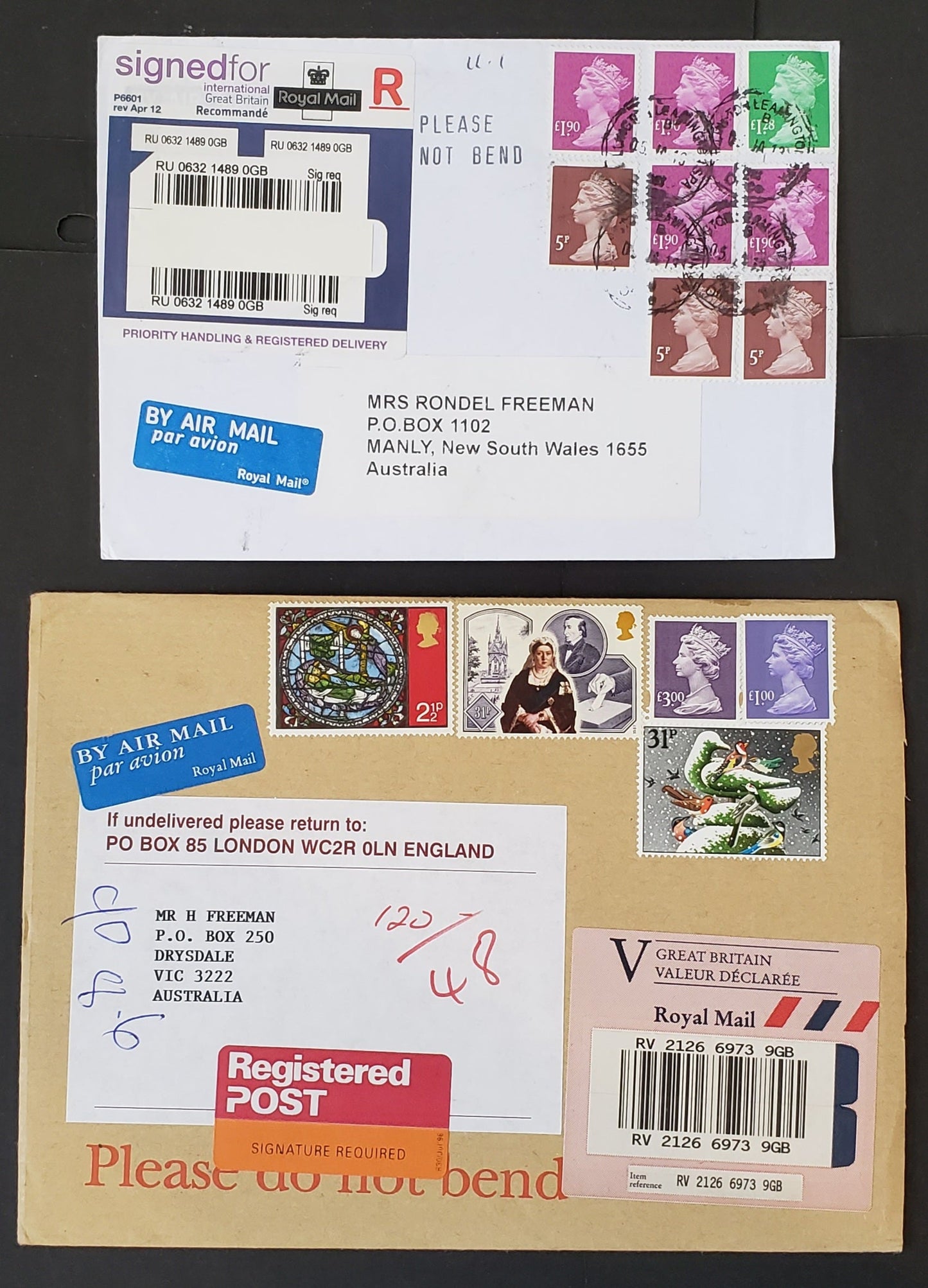 Lot 344  Great Britain 1999-2006 Decimal Machin Covers, Two Registered Covers to Australia Franked With Better security Machins, Net. Est. $20.