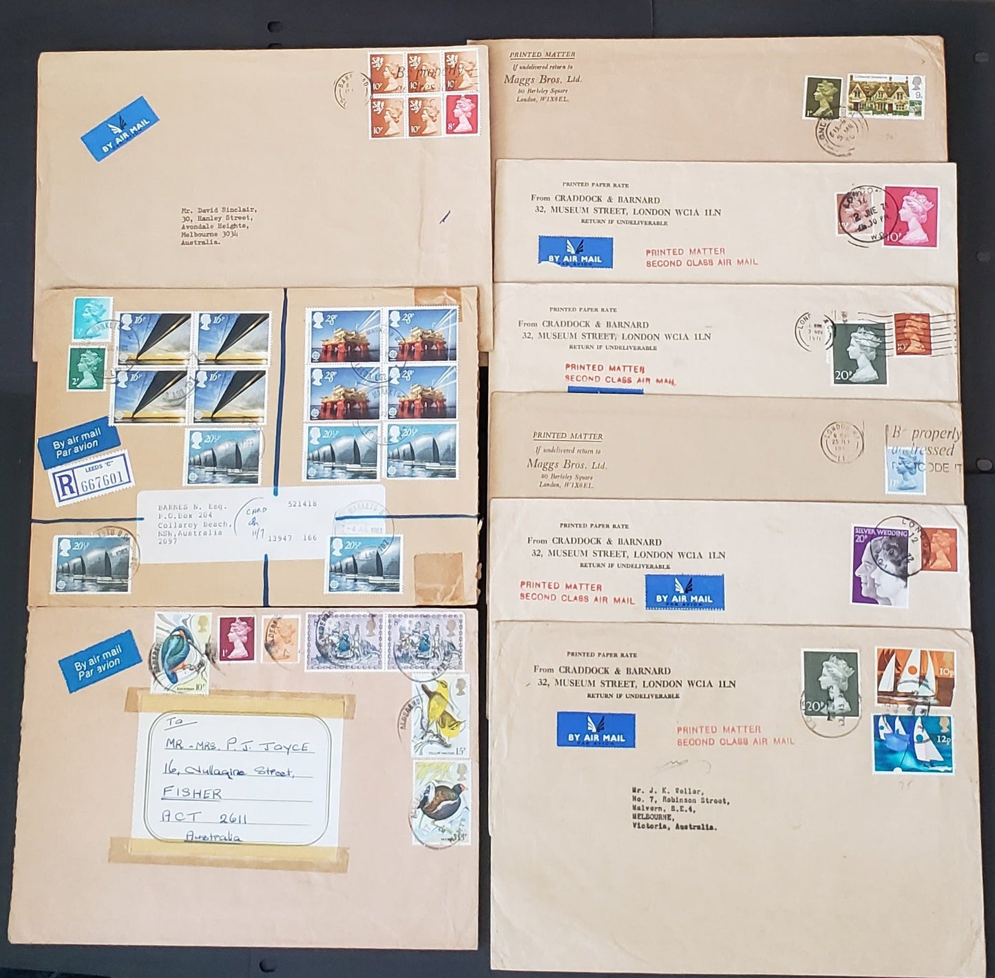 Lot 349 Great Britain 1970-1983 Decimal Machin Covers, A Selection of 9 Different Second Class Printed Matter Covers, With Values From 1d to 20p, All Sent to Australia, Net. Est. $10.