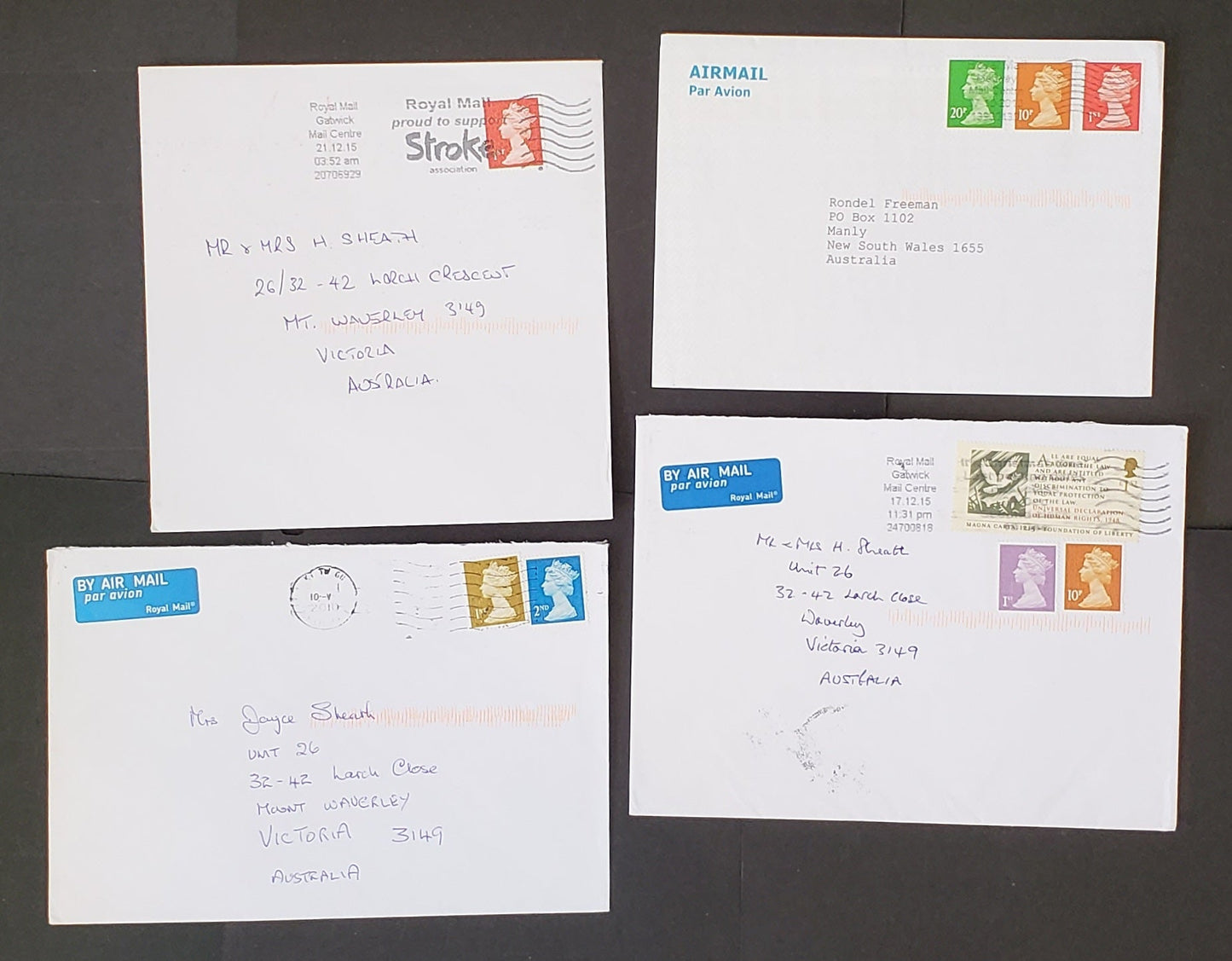 Lot 357 Great Britain 2010-2015 Decimal Machin Covers, A Selection of 4 Different, With Elliptical Perf Security Machins, Values Between 10p and 1st, All Sent to Australia, Net. Est. $10