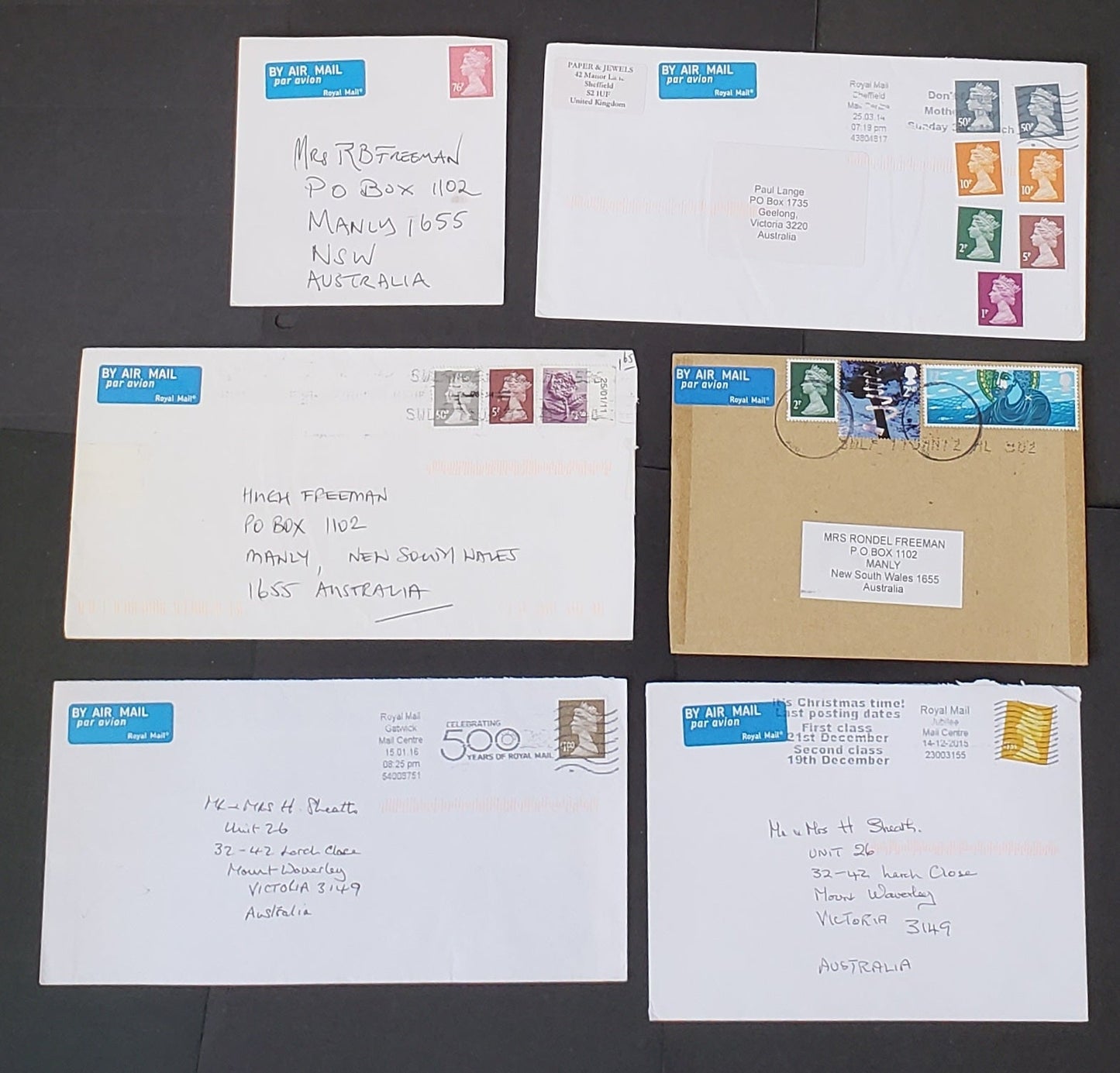 Lot 358 Great Britain 2014-2015 Decimal Machin Covers, A Selection of 6 Different, With Elliptical Perf Security Machins, Values Between 5p and 1.33 GBP, All Sent to Australia, Net. Est. $12