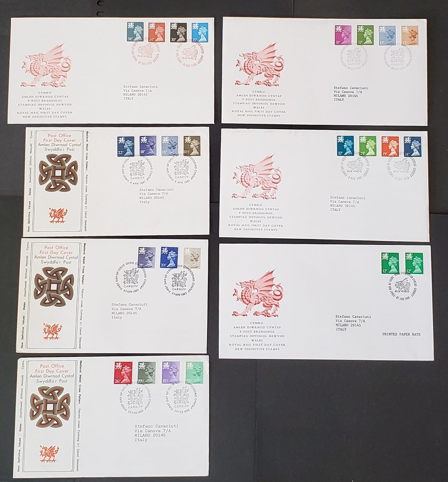 Lot 361 Great Britain - Wales 1981-1989 Machin Regional Defintive First Day Covers, 7 Different, 2018 Gibbons Concise Converted Cat. $29.70