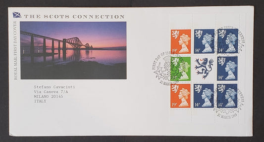 Great Britain - Scotland 1989 Machin Regional Defintive First Day Cover With Scots Connection Pane, 2018 Gibbons Concise Converted Cat. $16.50