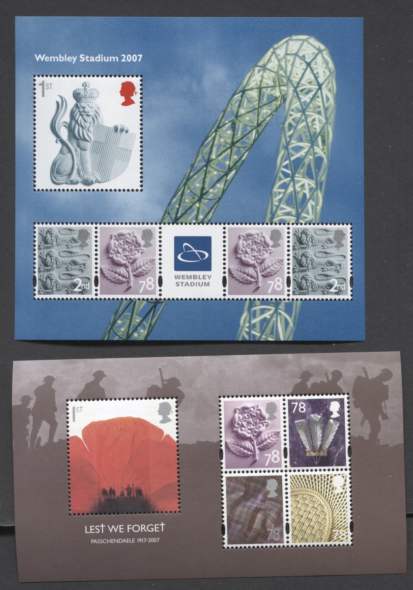 Lot 369 Great Britain SG#MS2740 & MS2796 2007 Wembley Stadium and Passchendale Souvenir Sheets, VFNH Examples, Converted SG Concise $17.75