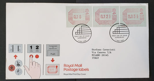 Great Britain 1984 Royal Mail Postage Labels First Day Cover, Converted 2018 Gibbons Concise $10.75