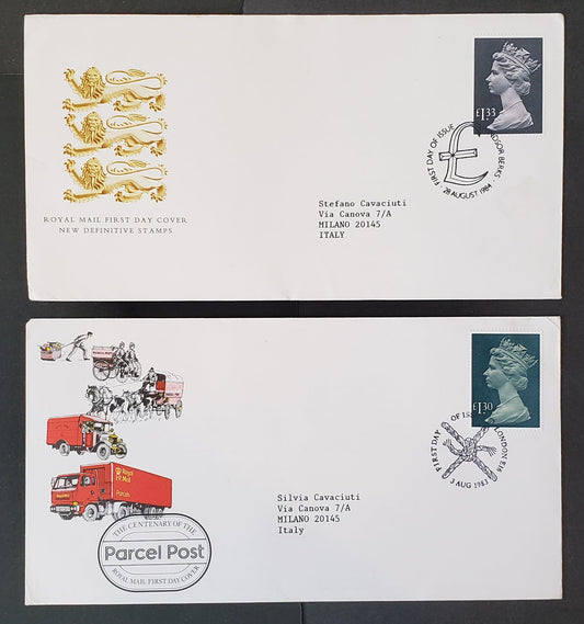 Great Britain 1983-1984 1.30-1.33 GBP High Value Machin Defintive First Day Covers, 2 Different, 2018 Gibbons Concise Converted Cat. $24.75