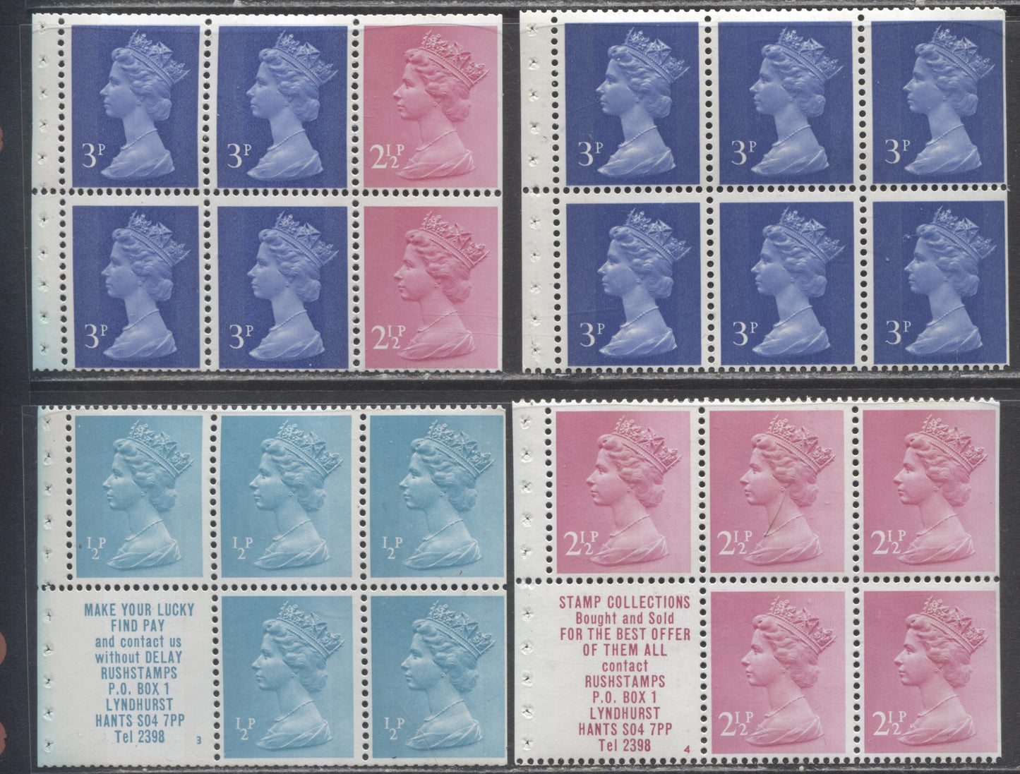 Lot 379 Great Britain X841m, X851I, X852I, X855 Unlisted 1972 4 Fine LH Booklet Panes Of 5+Label & 6 Machin Heads On HF/HF & HF/MF OCP, Click on Listing to See ALL Pictures, Converted 2018 Gibbons Concise Cat.  $23.4