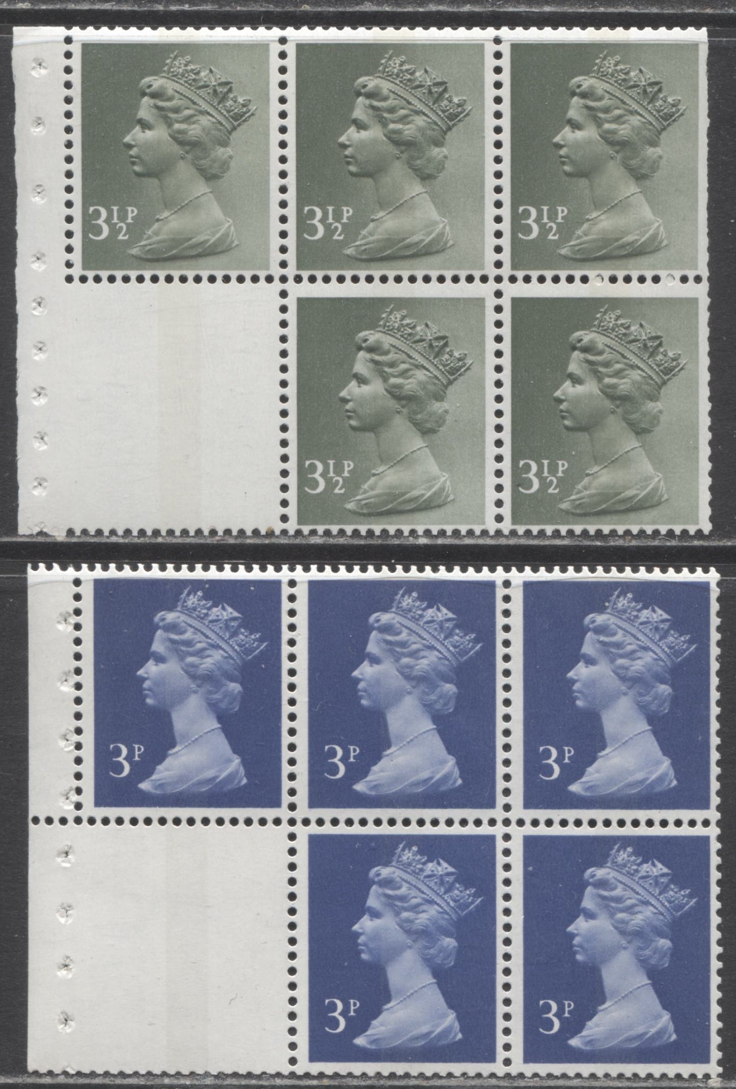 Lot 380 Great Britain X856, X859 1974 2 F/VFNH Unlisted Booklet Panes Of 5 + Imperf Label Machin Heads On HB/HF FCP With Streaky, Dull Greenish PVAD Gum, Center Bands, Click on Listing to See ALL Pictures, Unlisted in Gibbons, Net. Est. $5