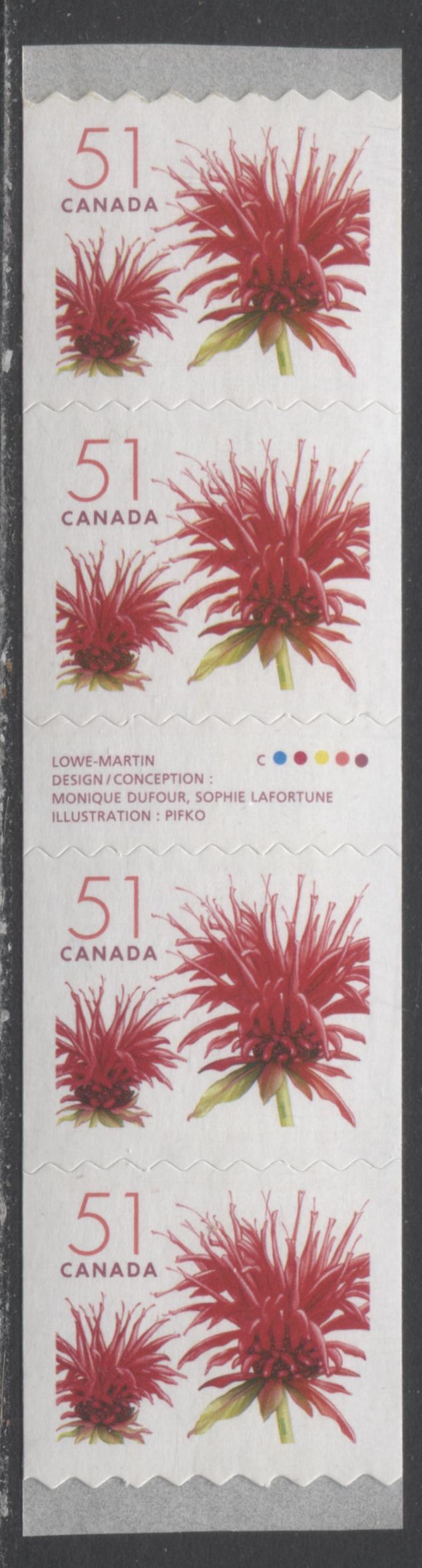 Lot 40 Canada #2128ii 51c Multicolored Red Bergamot, 2005-2006 Flower Definitives (2) - Coils, A VFNH Gutter Strip Of 4 On DF TRC Paper With Pale Washed Out Tagging, Showing Streak Into Last Stamp $15