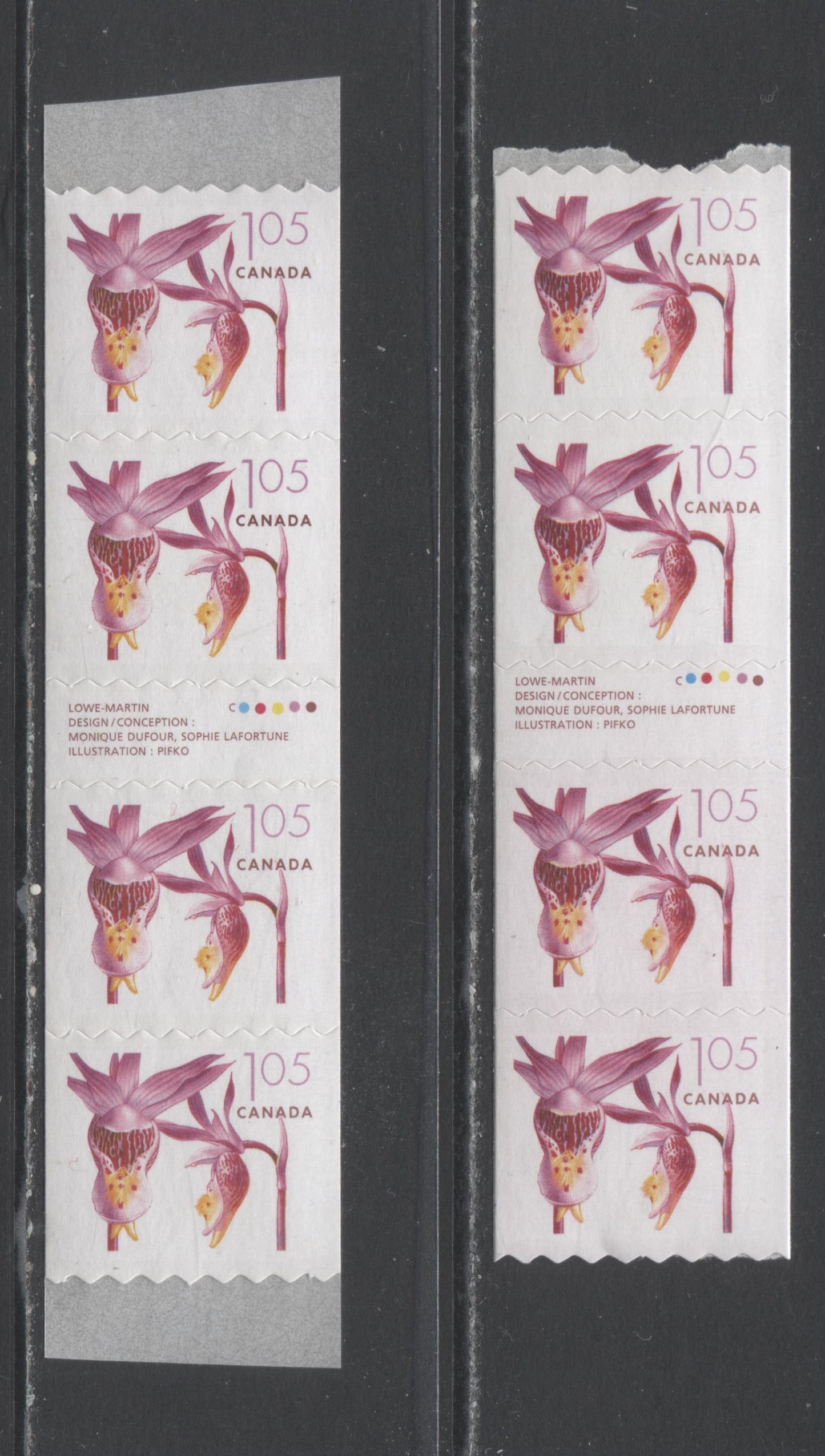 Lot 46 Canada #2130i $1.05 Multicolored Pink Fairy Slipper, 2005-2006 Flower Definitives (2) - Coils, 2 VFNH Gutter Strips Of 4 With "high" Inscription on DF & LF TRC Papers With Strong & Weak Tagging $21