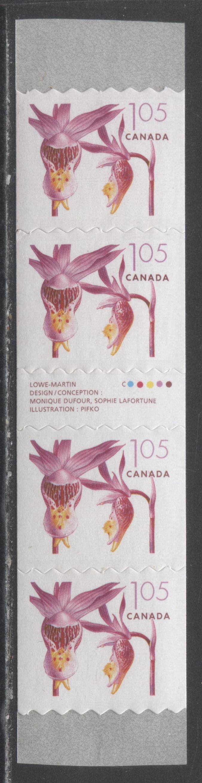 Lot 47 Canada #2130i $1.05 Multicolored Pink Fairy Slipper, 2005-2006 Flower Definitives (2) - Coils, A VFNH Gutter Strip Of 4 On DF TRC Paper With Weak Tagging And High Inscription $10.5