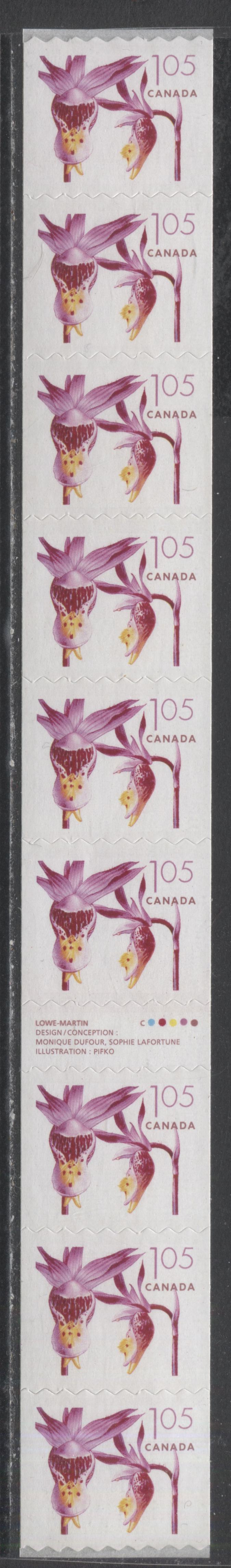 Lot 48 Canada #2130iv $1.05 Multicolored Pink Fairy Slipper, 2005-2006 Flower Definitives (2) - Coils, A VFNH Gutter Strip Of 9 With Compound Die Cut Between Stamps 2 & 3. DF TRC Paper, Considerable Ghost Tagging Bars Throughout Strip $260