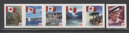 Canada #2188, 2193a p(51c) Multicolored Queen Elizabeth II & Flags, 2006 Permanent Booklets, 2 VFNH Strip Of 5 & Single Die Cut To Shape
