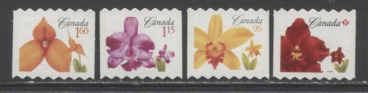 Lot 9 Canada #2244ii-2247ii p(52c)-$1.60 Multicolored Island Red flowers - Kaleidoscope Conni, 2007 Flower Definitive Coils, 4 VFNH Coil Singles Die Cut To Shape