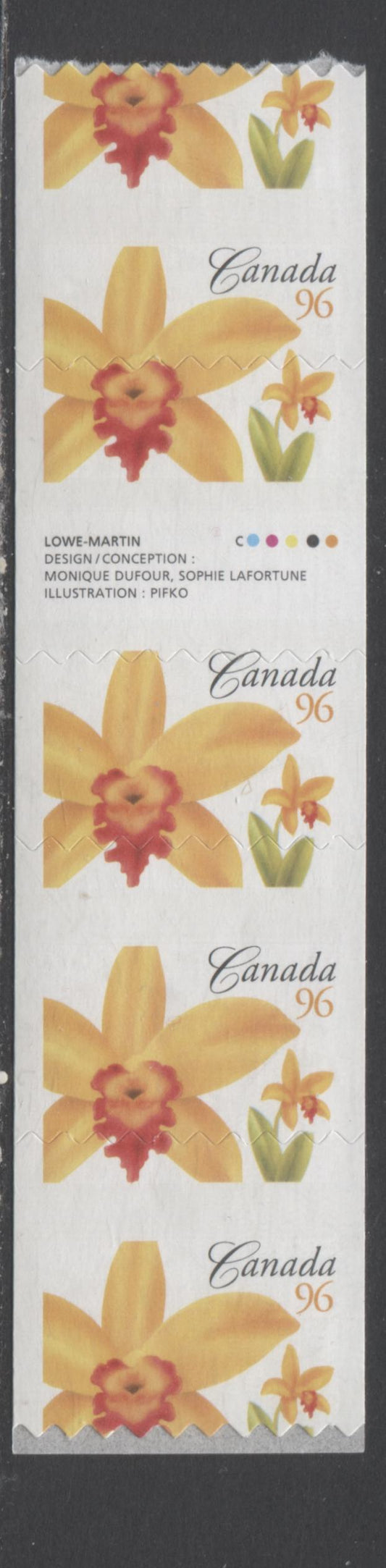 Lot 332 Canada #2245T2 96c Multicolored Fire Dancer', 2007 Flower Definitive Coils, A VFNH Gutter Strip Of 4 With Die Cutting Shifted Down 9.5mm, Resulting In All 4 Stamps Having G4dH Tagging Errors