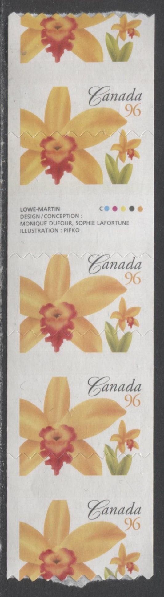 Canada #2245T1 96c Multicolored Fire Dancer', 2007 Flower Definitive Coils, A VFNH Gutter Strip Of 4 With Die Cutting Shifted Down 4.5mm, Resulting In All 4 Stamps Having G4dH Tagging Errors