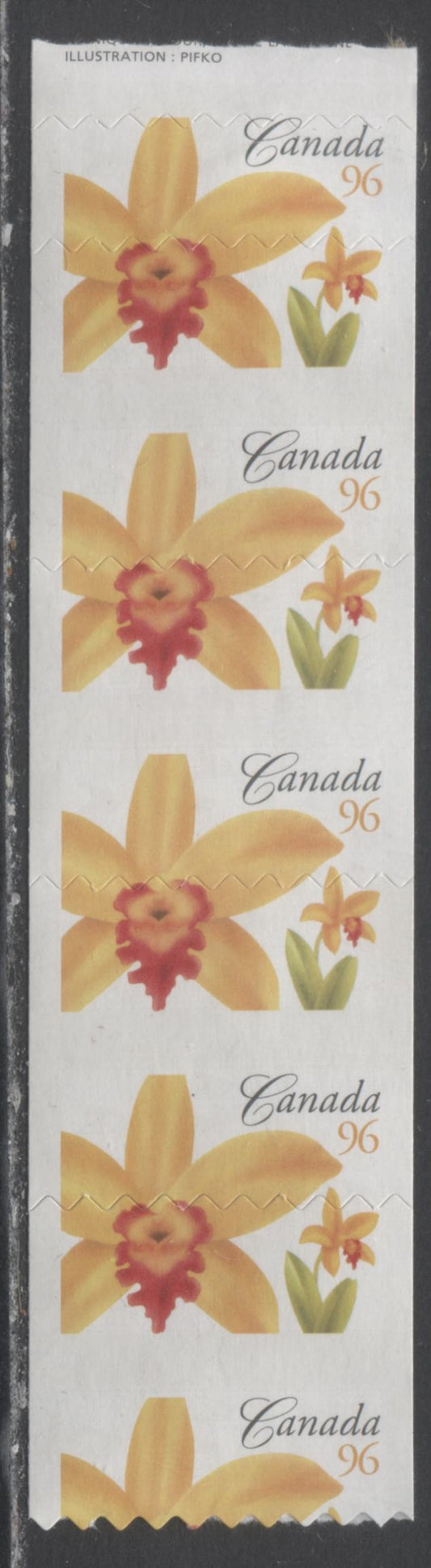 Lot 9 Canada #2245T1 96c Multicolored Fire Dancer', 2007 Flower Definitive Coils, A VFNH  Strip Of 4 With Die Cutting Shifted Down 4.5mm, Resulting In All 4 Stamps Having G4dH Tagging Errors & A Tiny 7mm Stamp At Top