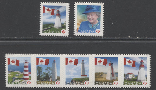 Lot 90 Canada #2253i, 2253Bi, 2248i p(52c) Multicolored Queen Elizabeth II & Flags, 2007 Queen Elizabeth II & Lighthouse Booklets, 3 VFNH Singles & Strip Of 5 Die Cut To Shape From Quarterly Packs