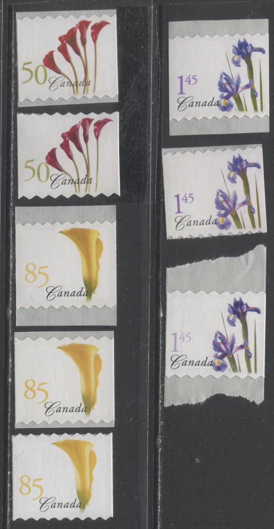 Lot 9 Canada #2072 - 2074a 50c-$1.45 Multicolored Red Calla Lily,Purple Dutch Iris, 2004 Flower Definitives (1) Coils Issue, 8 VFNH Singles On LF & DF Papers With Both Sizes Of Die Cut $19.2