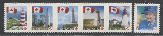 Canada #2248i, 2253i P(52c) Multicolored Queen Elizabeth II & Flags, 2007 Queen Elizabeth II & Lighthouse Booklets, 2 VFNH Single & Strip Of 5 Die Cut To Shape From Quarterly Packs