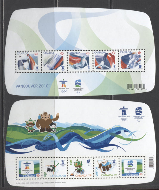 Lot 93 Canada #2299, 2305 P(52c) Multicolored Olympic Sporting Events & Emblems, 2009 Olympics, 2 VFNH Souvenir Sheets With No Overprint