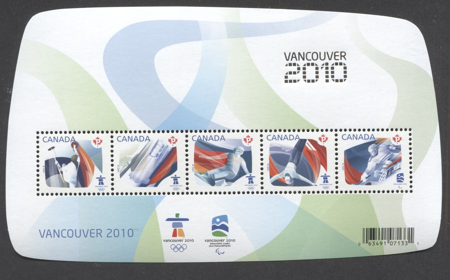 Lot 94 Canada #2299f P(52c) Multicolored Olympic Sporting Events, 2009 Olympics, A VFNH Souvenir Sheet With 'Vancouver 2010' Overprint