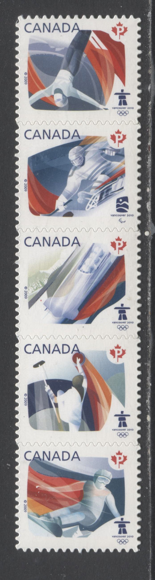 Lot 95 Canada #2304i P(52c) Multicolored Freestyle Skating - Snowboarding, 2009 Olympics, A VFNH Se-tenant Strip Of 5 Die Cut To Shape From Quarterly Pack