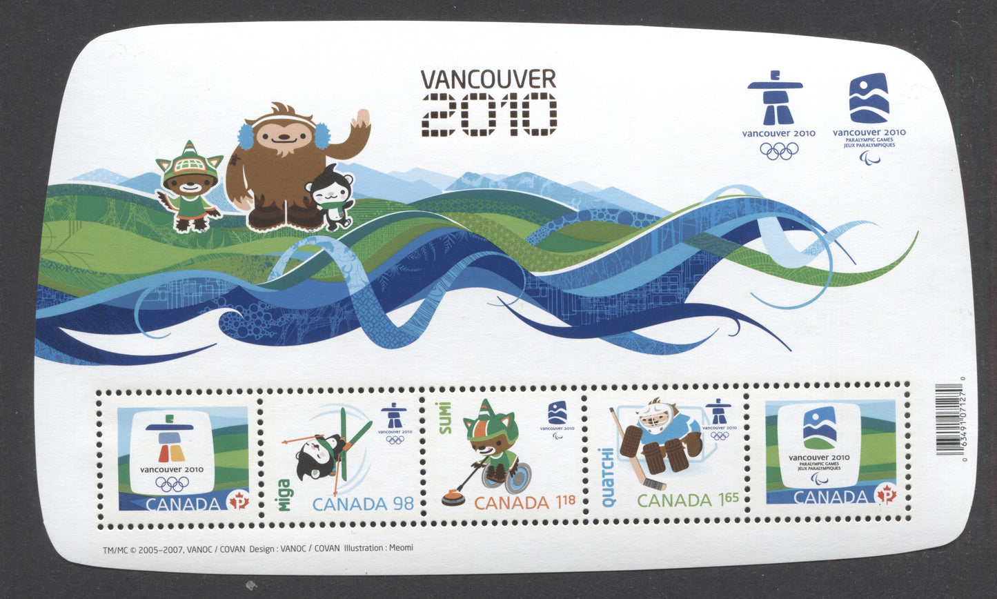 Lot 98 Canada #2305f P(54c) Multicolored Olympic Emblems & Mascots, 2009 Olympic Definitives Souvenir Sheet, A VFNH Souvenir Sheet With Bronze 'Vancouver 2010' Overprint