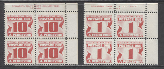 Canada #J21, J27 1c, 10c Carmine Rose, 1967 First Centennial Red Postage Due Issue, 2 VFNH UR Inscription Block Of 4 On DF Paper