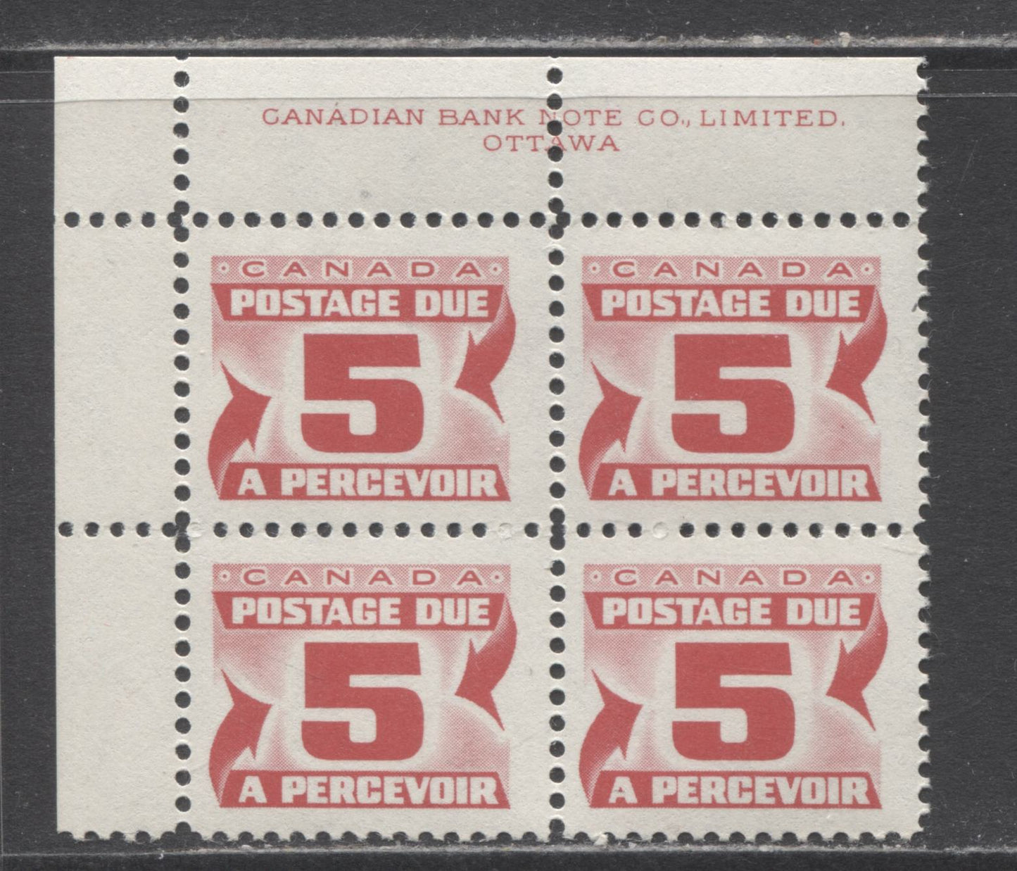 Lot 113 Canada #J32a 5c Carmine Rose, 1969 Second Centennial Red Postage Due Issue, A VFNH UL Inscription Block Of 4 On DF Greyish Smooth Paper With Streaky Gum